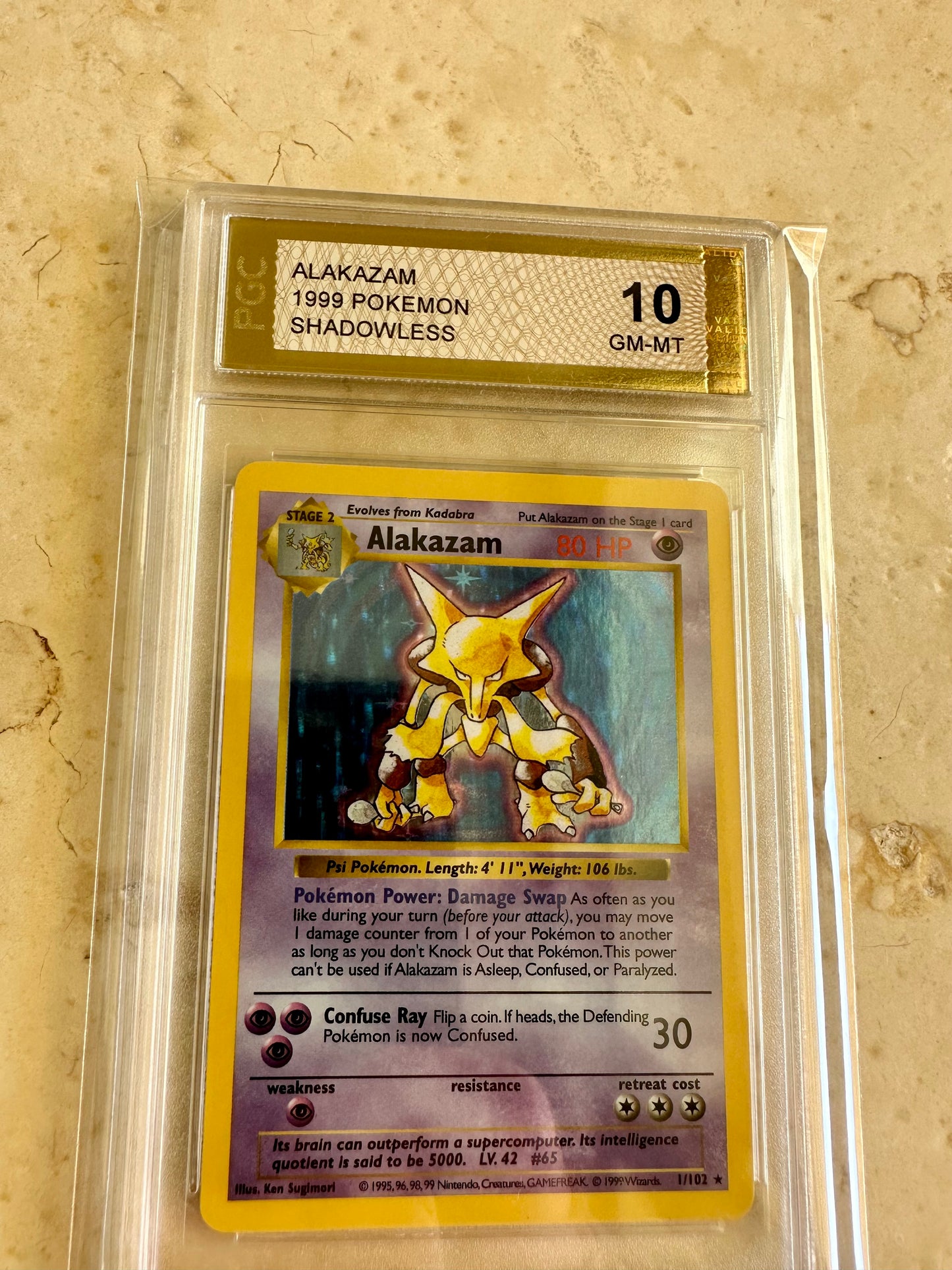 ALAKAZAM SHADOWLESS PGC 10 BASE 1999 HOLO POKEMON PSA 1/102 CARD GEM MINT