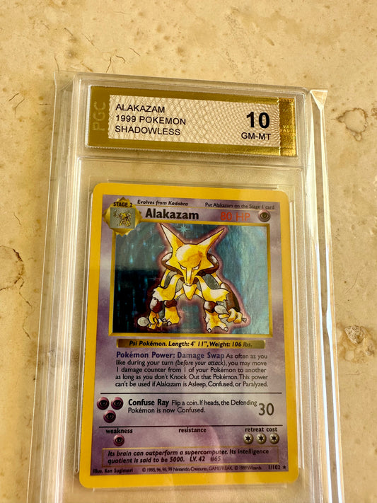 ALAKAZAM SHADOWLESS PGC 10 BASE 1999 HOLO POKEMON PSA 1/102 CARD GEM MINT