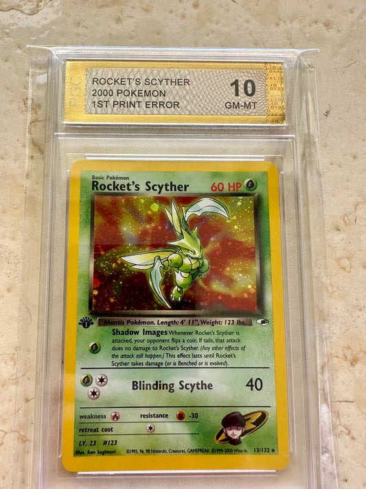 ROCKET'S SCYTHER 1ST EDITION ERROR PGC 10 BASE HOLO POKEMON PSA 13/132 GEM MINT