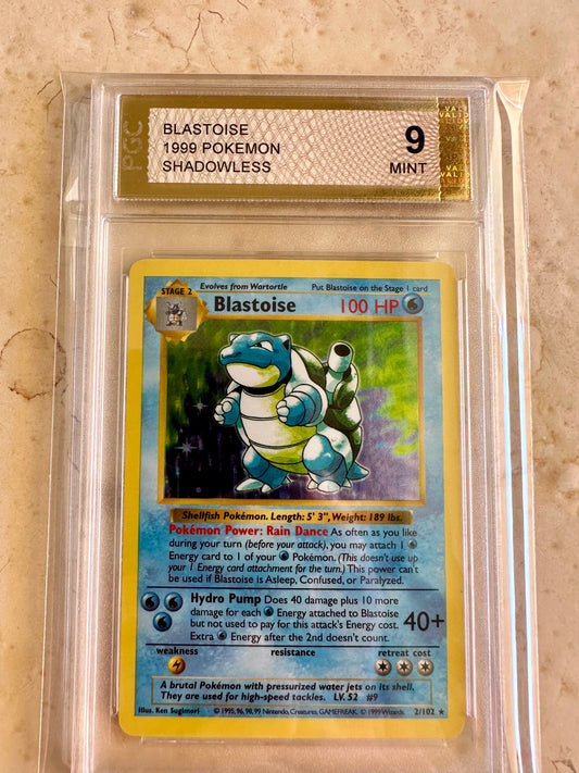 BLASTOISE SHADOWLESS PGC 9 BASE 1999 HOLO POKEMON PSA 2/102 CARD GEM MINT