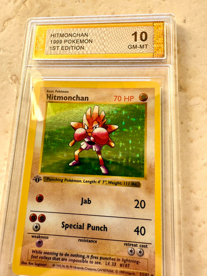 HITMONCHAN 1ST EDITION SHADOWLESS PGC 10 BASE 1999 HOLO POKEMON PSA 7/102 CARD