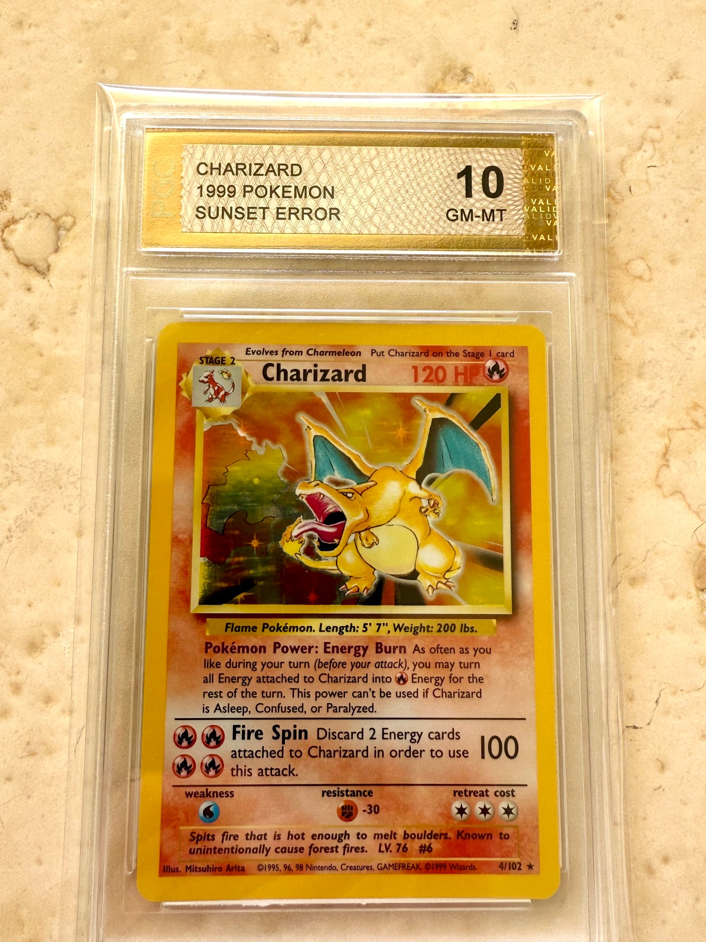 CHARIZARD 10 SUNSET ERROR 1999 BASE HOLO PGC POKEMON PSA 4/102 CARD GEM MINT