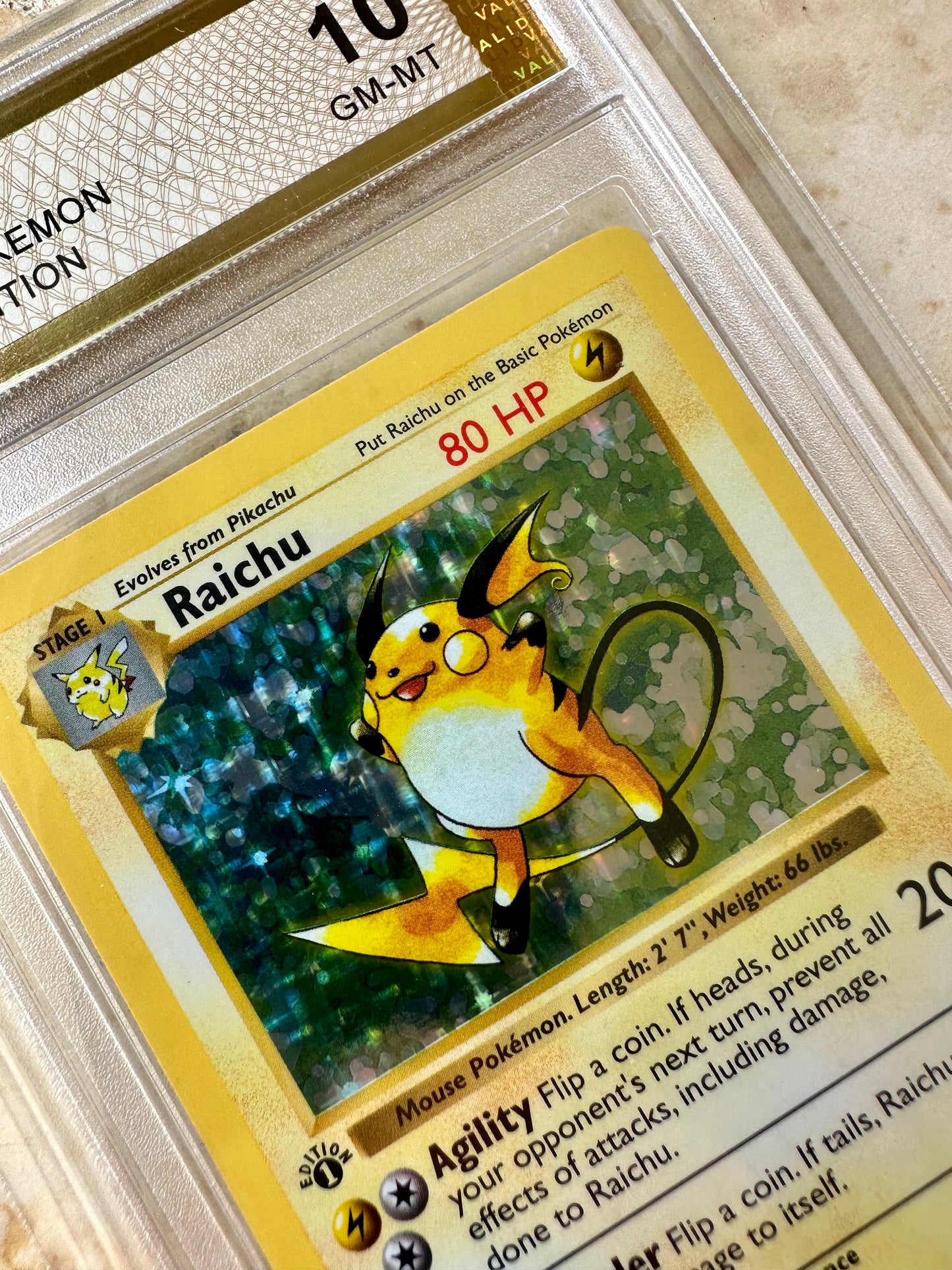 RAICHU 1ST EDITION PGC 10 BASE 1999 HOLO POKEMON PSA 14/102 CARD SHADOWLESS