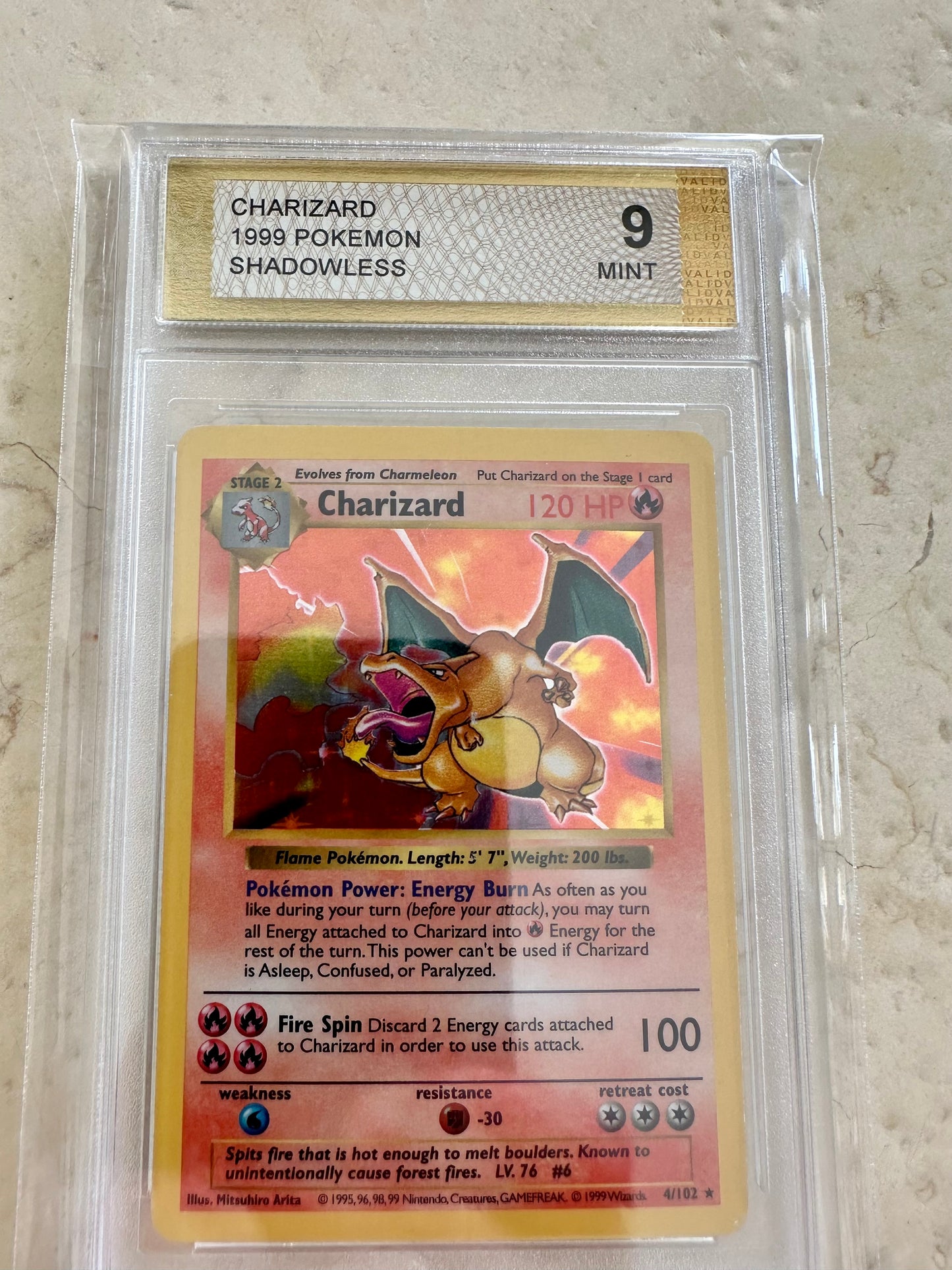 CHARIZARD SHADOWLESS 9 BASE 1999 HOLO PGC POKEMON PSA 4/102 CARD GEM MINT