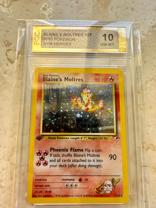 BLAINE'S MOLTRES 1ST EDITION PGC 10 POKEMON PSA 1/132 GYM CHALLENGE SWIRL X2!!